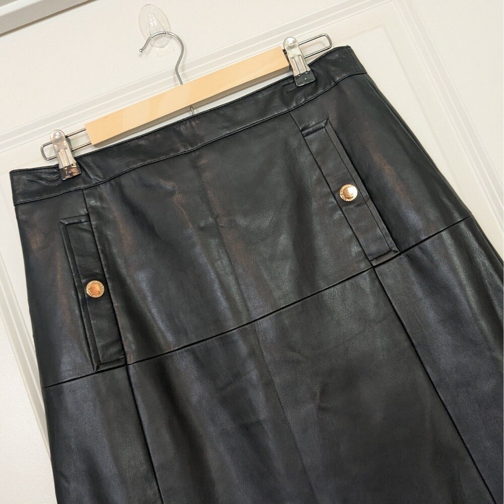 Liz Claiborne Career Faux Leather Skirt Womens 10 Black A-Line Gold Buttons - Picture 3 of 9